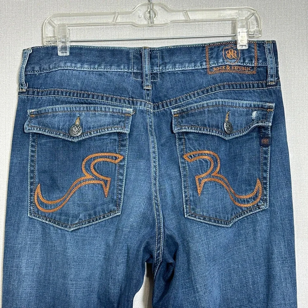 Rock & Republic Mens 34x34 Bootcut Jeans Dark Blue Wash Distressed Flap Pockets